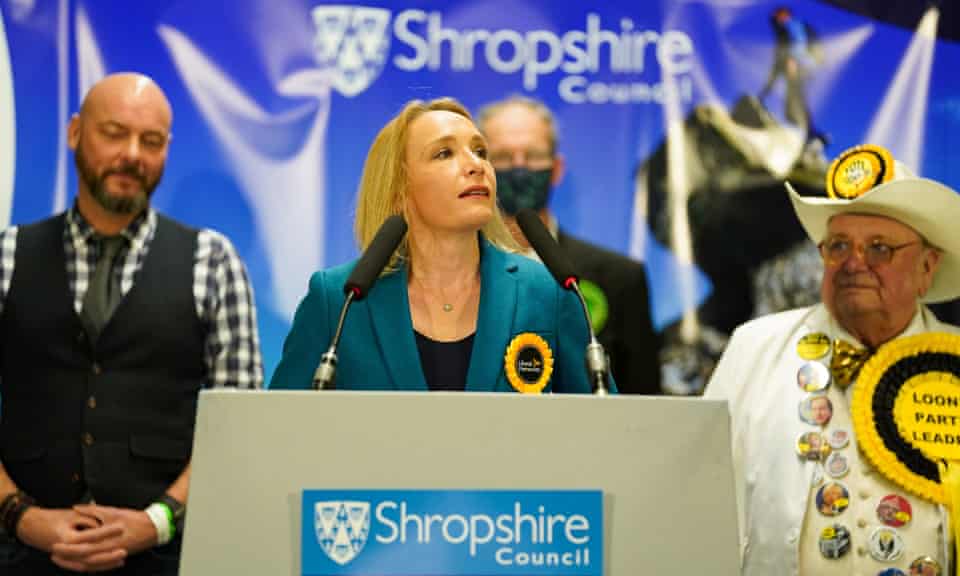 Helen Morgan of the Liberal Democrats makes a speech after being declared the winner in the North Shropshire byelection.