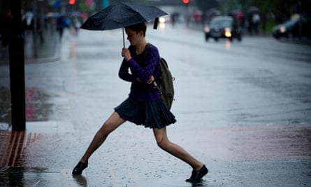 A University of Manchester student deals with heavy rain and high winds at the start of a new term.