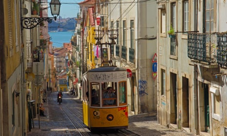Lisbon’s Ascensor da Bica, a funicular railway line in Misericórdia.