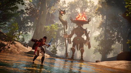 A screenshot of video game Eternal Strands of a character facing up against a tower monster.