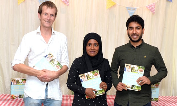 The Great British Bake Off finalists (left to right) Ian Cumming, winner Nadiya Hussain, and Tamal Ray, at a book signing in London.