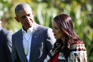 Barack Obama at a pōwhiri welcoming ceremony with Ardern at Government House, Auckland, in 2018
