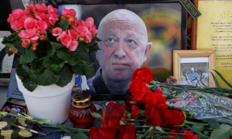 A makeshift memorial for Yevgeny Prigozhin, head of the Wagner mercenary group in Moscow, following his death in a plane crash.