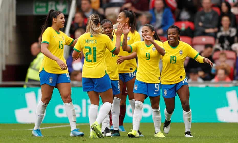 Debinha celebrates scoring her second goal against England, which proved to be Brazil’s winner