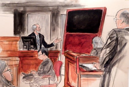 In this courtroom sketch, Domenico De Sole, a chairman of the board at Sothebys, gestures towards his fake Mark Rothko painting, at a civil trial in New York at Manhattan federal court.