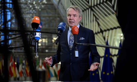 Finnish foreign minister Pekka Haavisto is seen talking to the press in Brussels yesterday.