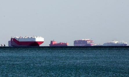 Ships are anchored outside the Suez Canal in Ismailia.