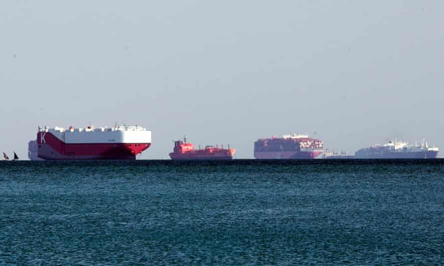Vessels are moored outside the Suez Canal in Ismailia.