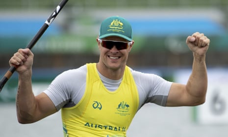 Curtis McGrath of Australia celebrates his gold medal in the men's single 200m canoe sprint VL3 Final A at the Tokyo 2020 Paralympic Games