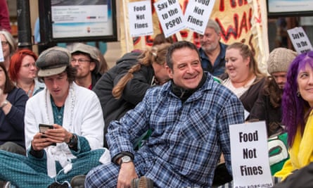 Comedian Mark Thomas protesting against PSPOs in Chester, in 2017.