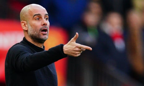 Pep Guardiola during City's Manchester derby defeat away to United on 8 March 2020