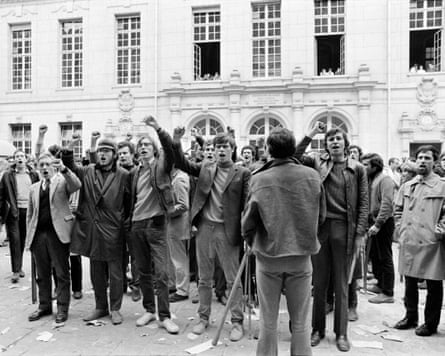 Photo taken on 3 May 1968 shows student protesters taking part in demonstration at La Sorbonne