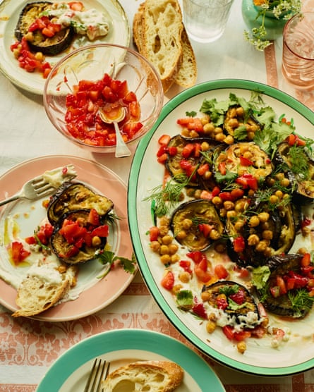 Alexina Anatole’s roast aubergine with whipped feta and strawberry-chilli salsa.