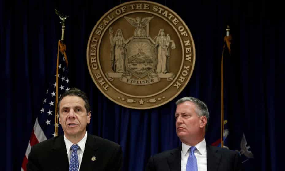 New York Governor Andrew Cuomo and New York Mayor Bill de Blasio during a press conference on new Ebola policies.