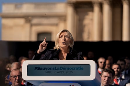 Marine Le Pen, the leader of the far-right National Rally party, speaks to supporters at Place Vauban last April telling them that she’ll keep fighting what she described as a ‘political’ court ruling that barred her from running for president
