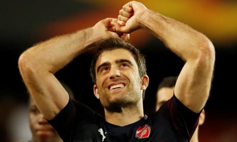 Arsenal’s Sokratis Papastathopoulos celebrates after their semi-final win in Valencia.