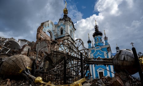 The collapsed onion domes of the Orthodox Church of the Holy Mother and convent in the Donbas village Bohorodychne, Ukraine.