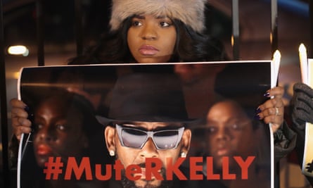 Protestors rally in support of sex abuse survivors outside R Kelly’s Chicago recording studio in 2019.