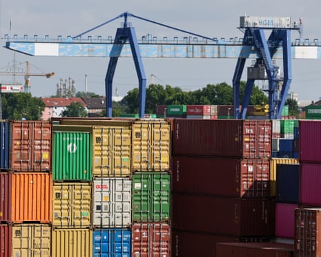Shipping containers stacked at the Rhine-Neckar commercial port in Mannheim, Germany, 29 July 2025