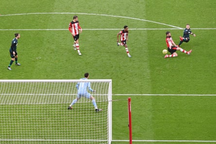 Matej Vydra scores the winning goal for Burnley at Southampton.