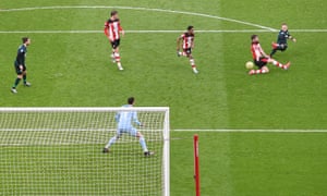 Matej Vydra watches his shot fly into the top corner to give Burnley victory at Southampton.