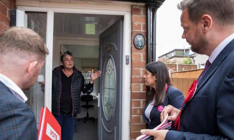 Labour’s candidate, Simon Lightwood, right, canvassing with Lisa Nandy in Ossett