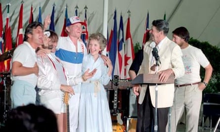 Ronald Reagan and Nancy Reagan meet with the Beach Boys a few months after Reagan’s Secretary of the Interior announced that rock bands attracted “the wrong element”.