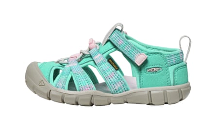 A pair of kids’ turquoise sandals with a grey sole