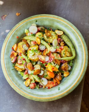 ‘Soak up the dressing’: new potatoes, chillies and tomato.