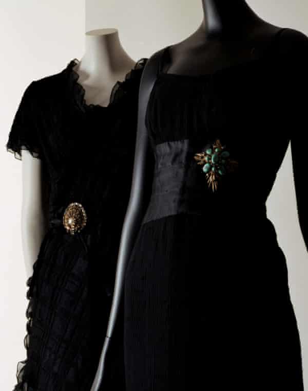 Dresses, spring-Summer 1964, organza and cotton cloqué with brooches, Chanel.