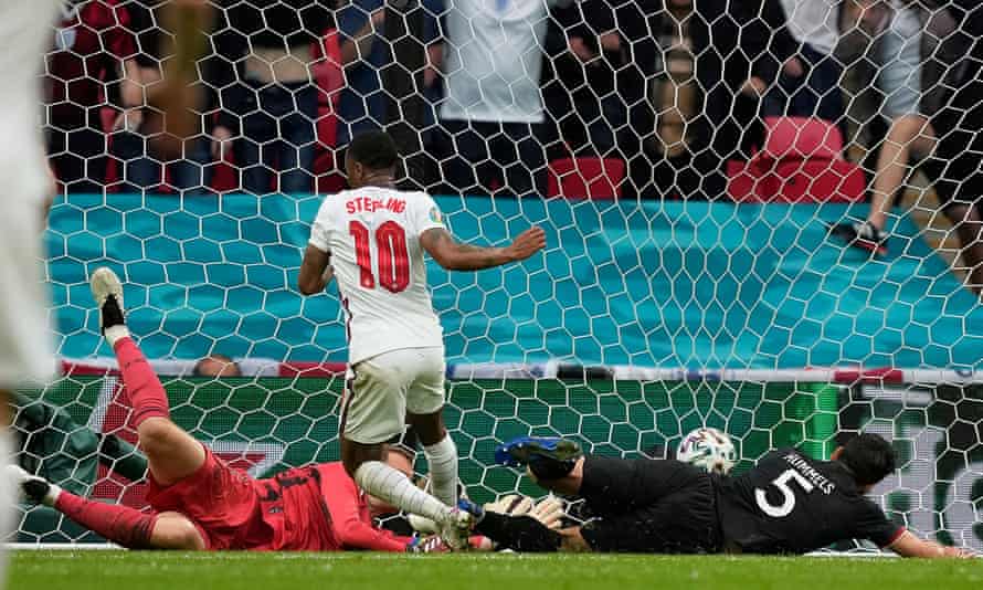 Raheem Sterling scores the opening goal against Germany at Wembley.