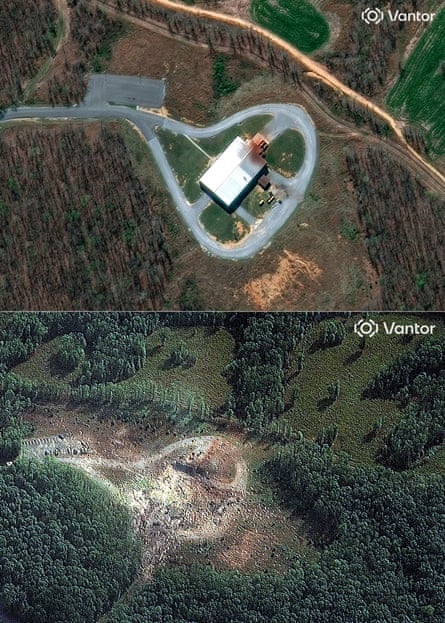 Two images, one of a rectangular building, and the other of it completely leveled into gray ash.