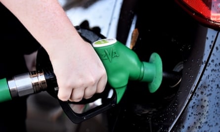 Someone fills a car with unleaded petrol in Stoke-on-Trent, England.