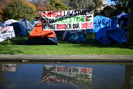 The pro-Palestine encampment at the University of Melbourne yesterday.