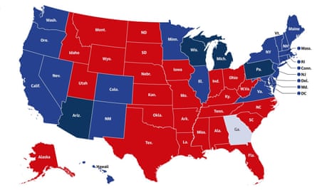 How the interactive map looked after most of the results had been counted, with red showing those states which had a Republican majority, and blue showing those which had a Democrat majority.
