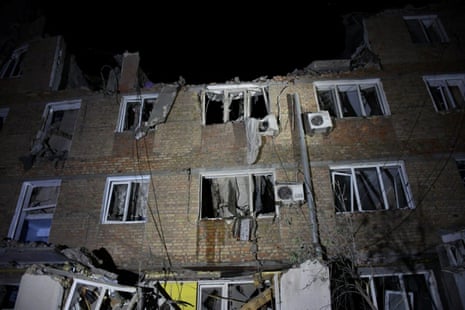 An apartment building damaged by a Russian military strike in Mykolaiv.