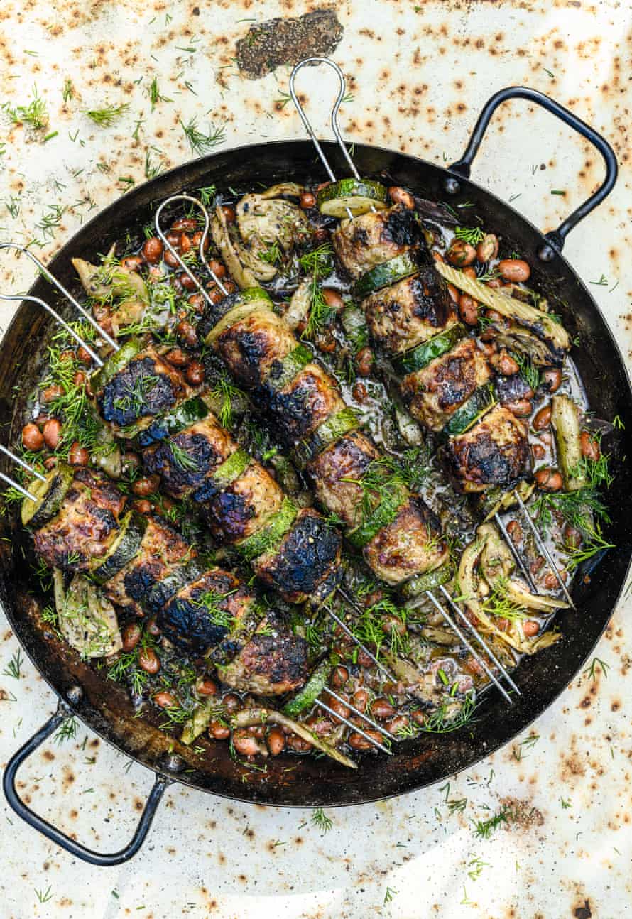 Genevieve Taylor's turkey meatball skewers with fennel and bean stew.