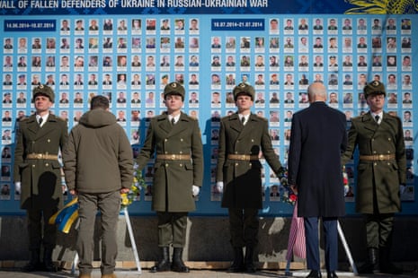 The US and Ukrainian leaders attending a wreath laying ceremony at the Wall of Remembrance of the Fallen for Ukraine.