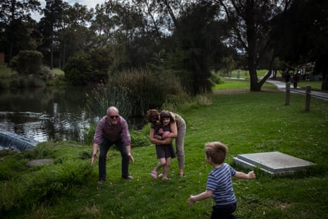 Sonja and Paul Patterson re-connect with their grandchildren Vivienne and Basil at the Edwards Lake Park, Reservoir.