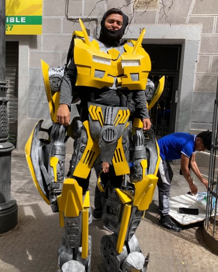 William, one of three Guatemalan performers in central Madrid who wear a 20kg Bumblebee outfit.