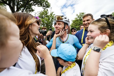 Cavendish with his wife and children after winning his 35th Tour de France stage