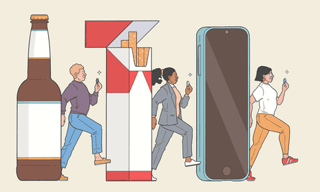 illustration of people walking behind a giant bottle, pack of cigarettes and iphone