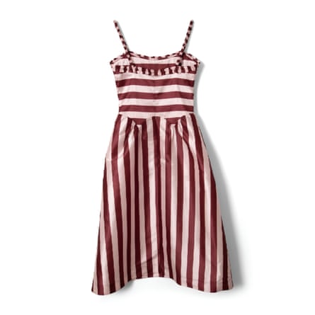 A pink and burgundy ruffled midi dress on a white background