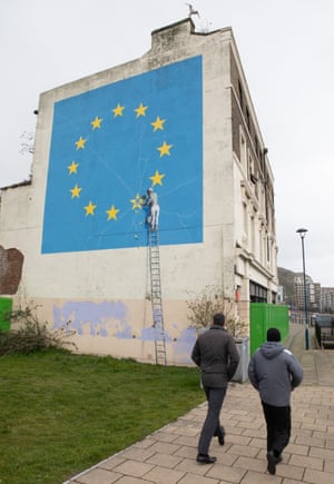 Banksy’s mural of EU stars decorates the approach to the docks at Dover – where 62.2% of the population voted Leave.
