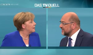 A screengrab from the TV debate showing Angela Merkel and Martin Schulz.