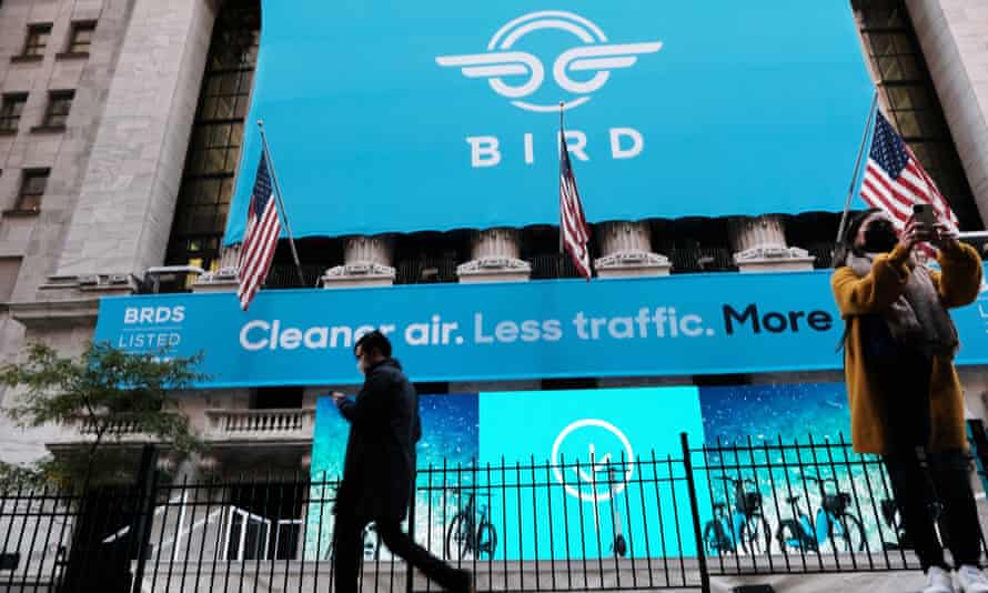 The electric scooter rental company Bird is displayed outside the New York Stock Exchange