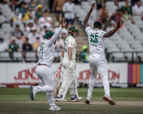 Kagiso Rabada celebrates the dismissal of Marnus Labuschagne