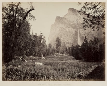 Black and white photograph of Bridal Veil, Yosemite, in the 1860s