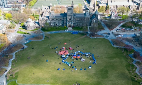An aerial view of encampment at University of Toronto as pro-Palestinian students and protestors are gathered to protest Israeli attacks on Gaza, at King’s College Circle in Toronto, Ontario.