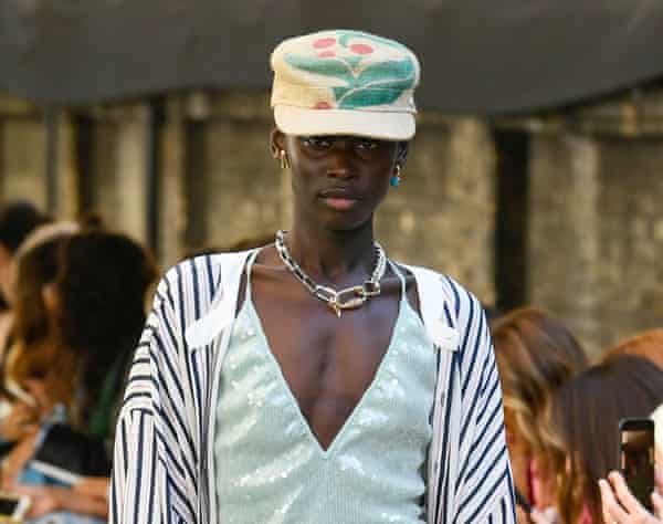 Upcycled baseball caps at the Roland Mouret show, SS20, London Fashion Week.